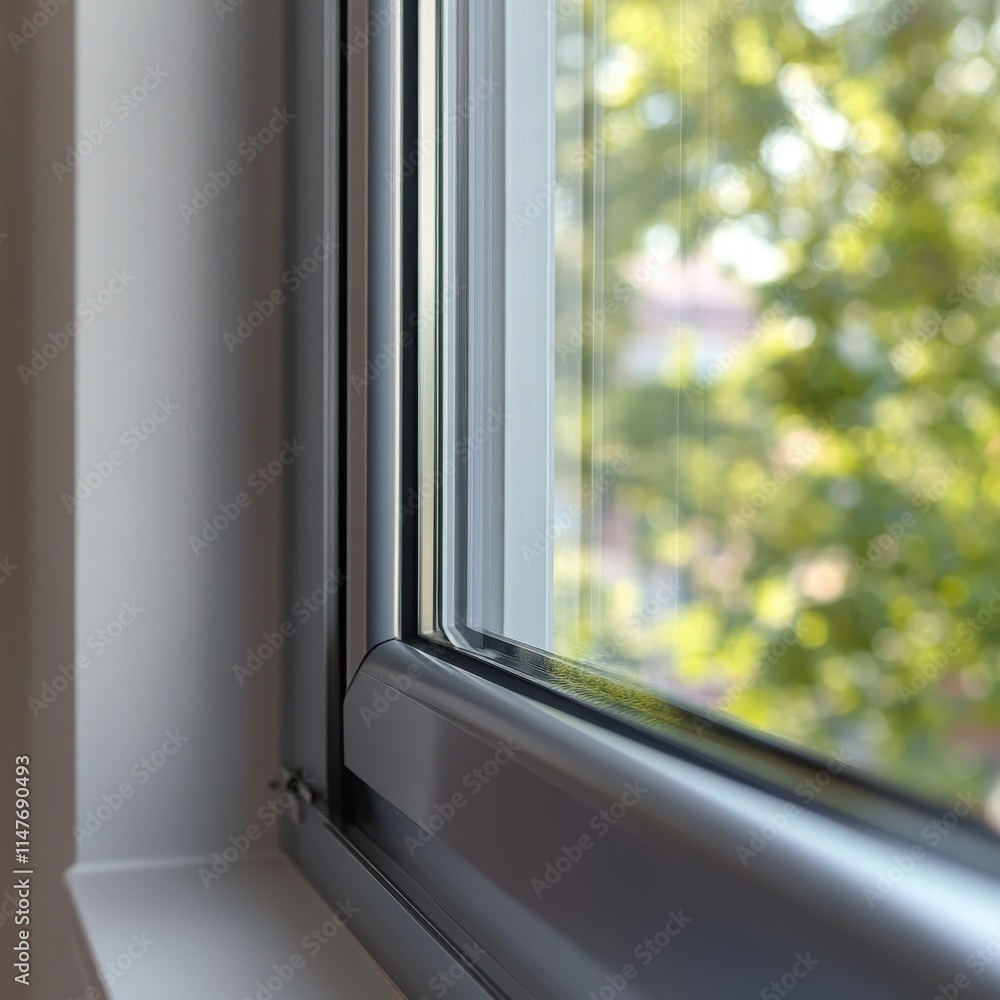 Poster close-up of a modern window frame with blurred greenery visible outside, creating a serene indoor at