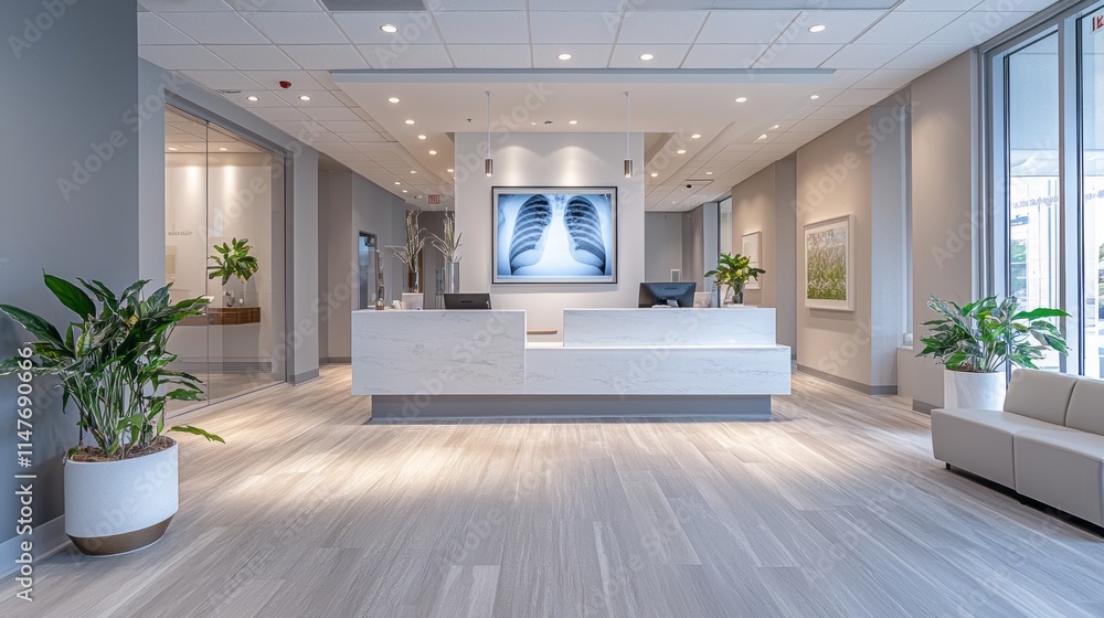 Poster A large open lobby with a white desk and a large screen on the wall