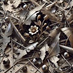 Shards of Metal Emerging Flowers Shards of metal scattered with