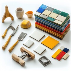A vibrant collection of colorful tiles and ceramic tools, showcasing the craft of tile-making and design.