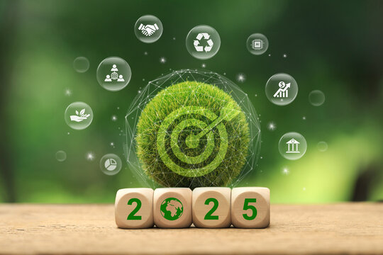 Happy New Year 2025. environmental protection with achieving business goals.wooden cube blocks with 2025 calendar numbers and green targets.Planning for goal and success concepts. New Year resolution
