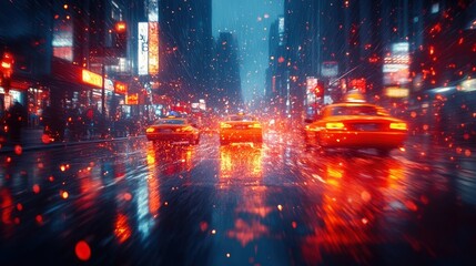 Obraz premium Rainy city night, blurry taxis speeding.