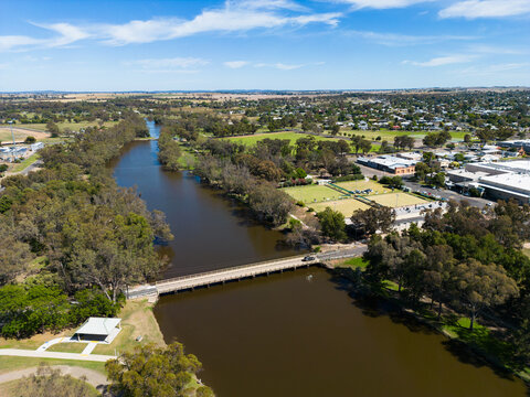 Aerial view looking along Lake Forbes, Lachlan St bridge in foreground. Forbes, New South Wales