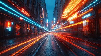 Neon city street, vibrant light trails, night scene.