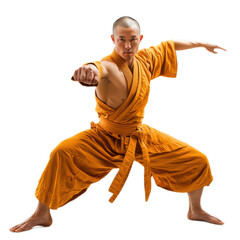 Dynamic Martial Artist in Traditional Orange Gi Performing Karate Stance with Intense Focus and Powerful Posture Against White Background