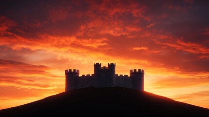 Fototapeta premium A silhouette of a castle against a vibrant sunset, casting a dramatic atmosphere over the landscape, evoking a sense of mystery and history.