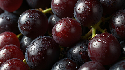 Fototapeta premium Fresh purple grapes with water droplets on a dark background. Ideal for food photography, fruit ads, or elegant product displays highlighting freshness and texture.
