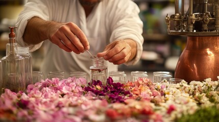 A perfumer collects petals for distillation.