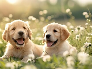 Two playful golden retriever puppies relax in a sunlit field filled with white flowers, exuding joy and innocence.