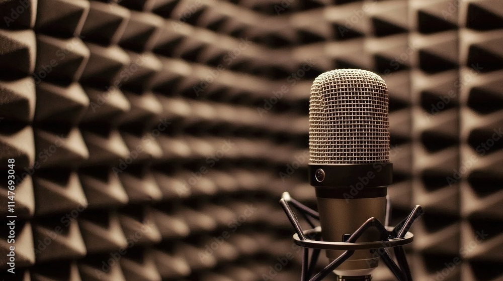 Poster professional microphone set up on a studio desk, with soundproof panels in the background