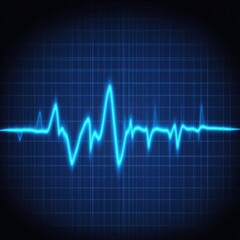 Stylish blue heartbeat electrocardiogram on a dark grid background.