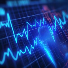 Naklejka premium Close-up of a blue digital heartbeat monitor displaying fluctuating vital signs on a sleek screen.