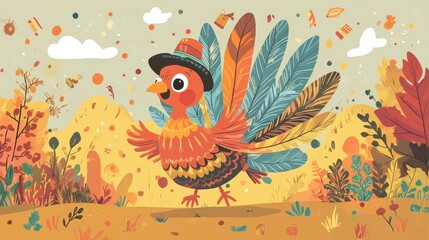 Fototapeta premium Colorful cartoon turkey celebrating fall in a festive autumn landscape