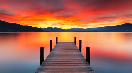 Obraz premium A serene wooden dock extends into a vibrant sunset over calm waters, surrounded by distant mountains and a colorful sky.