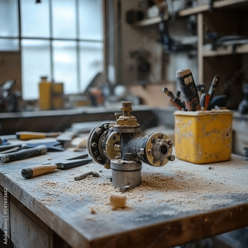 Poster Close-up of a woodworking shop table with tools and a pipe fitting surrounded by sawdust, creating a rustic atmosphere.