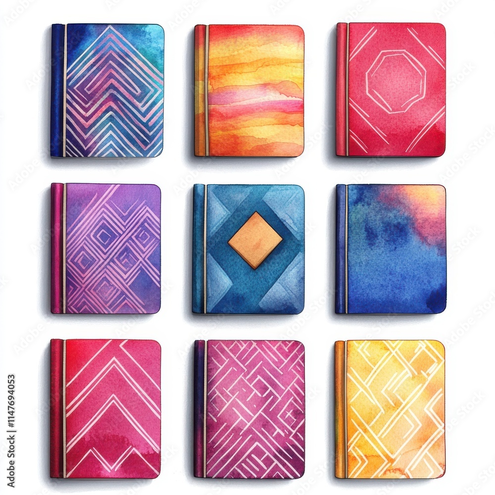 Poster a vibrant array of nine decorative notebooks, showcasing colorful geometric designs in various hues 
