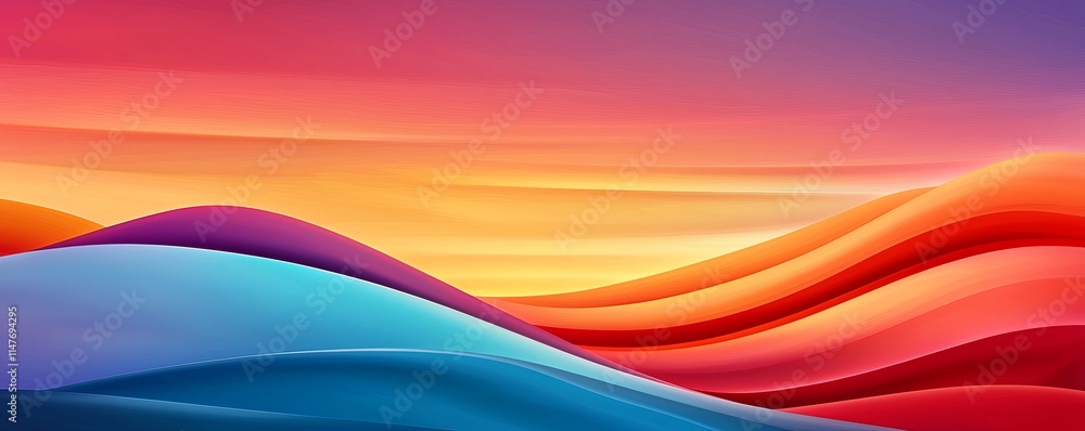 Wall mural A vibrant abstract landscape featuring flowing waves in shades of blue, red, and orange against a gradient sky.