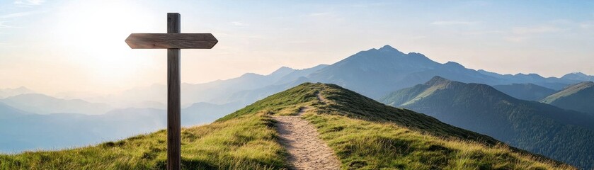 Alpine Mountain Path Panorama Hiking Trail Signpost Summer Landscape
