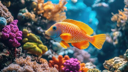 Vibrant orange fish swimming amidst colorful coral reef.