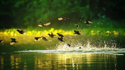 Fototapeta premium Birds in flight over sparkling waters in a lush green landscape