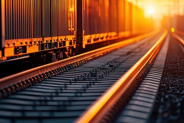 Fototapeta premium A close-up view of railway tracks leading into a sunset, highlighting the warm glow reflecting off the metal and containers.