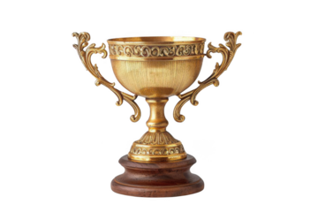 Golden Trophy Stands on Wooden Base, Award Ceremony. Winning and Competition Theme.