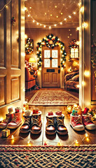 Children's Shoes with Presents Epiphany Three Kings Day, Christmas New Year Festive Home Background