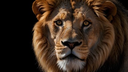 Fototapeta premium Front view portrait of a lion on black background, Africa wildlife