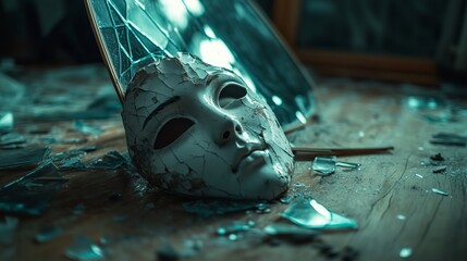 Cracked Mask Among Shattered Glass in Abandoned Room with Dramatic Lighting

