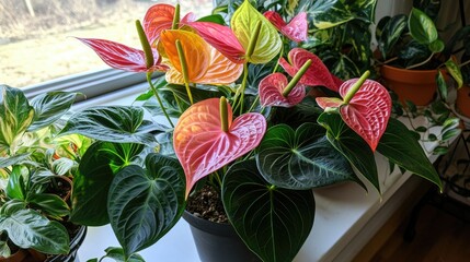 Obraz premium Anthurium plant on a windowsill with other colorful indoor plants 