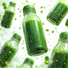 Floating glass bottles of green smoothie against a sparkling green background, evoking freshness and vitality.