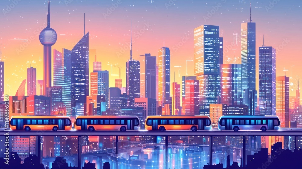 Poster futuristic ai-driven public transit system in vibrant tech cityscape