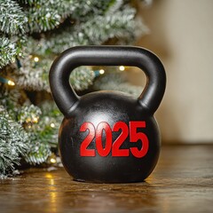 Fototapeta premium A black kettlebell marked '2025' rests on a wooden floor, with a soft-focus Christmas tree in the background.