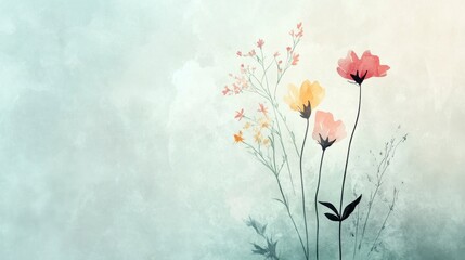 Watercolor Wildflowers on Textured Teal Background, Copy Space