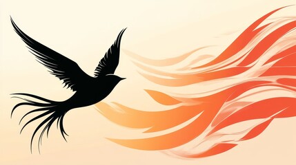 Fototapeta premium Silhouette of soaring bird and vibrant abstract flames on a soft background