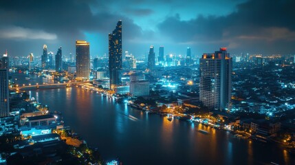Fototapeta premium Nighttime Cityscape Illuminated Skyscrapers Riverfront View