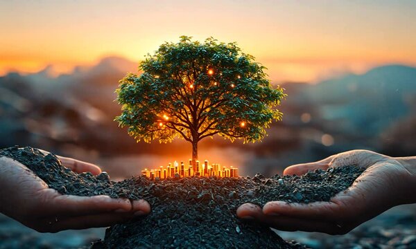 A glowing tree nurtured by hands, symbolizing growth and hope.