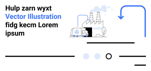 Factory buildings with chimneys, delivery van, arrows pointing down, text blocks with sample text. Ideal for industrial operations, logistics, production, automation, transportation, modern business