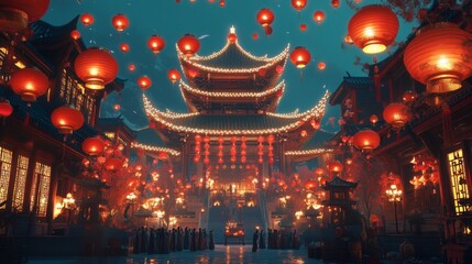 Fototapeta premium Traditional asian festival with lanterns and illuminated pagoda at night
