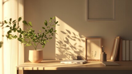Fototapeta premium Sunlit Wooden Desk with Plant, Books, and Frames – Calm Home Office Scene