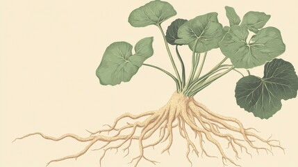 Detailed Botanical Illustration of Burdock Root and Leaves Against a Cream Background