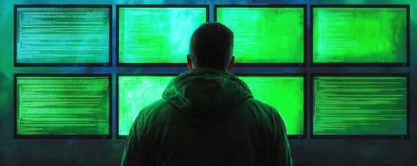 Hacker Back View Multiple Screens Green Code Dark Room Cybersecurity