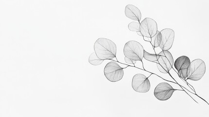 Obraz premium Delicate Hand-Drawn Eucalyptus Branch with Intricate Leaf Details on White Background, Botanical Illustration
