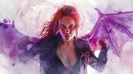 Fierce Red-Haired Woman with Abstract Wings in a Black Leather Jacket