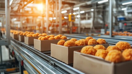 Fototapeta premium Factory Food Production Line Chicken Nuggets Packaging