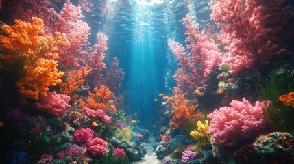 Naklejka premium Vibrant coral reef, sunlit, underwater scene.