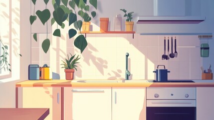 Sunlit Modern Kitchen with Hanging Plants, Kitchenware, and Appliances