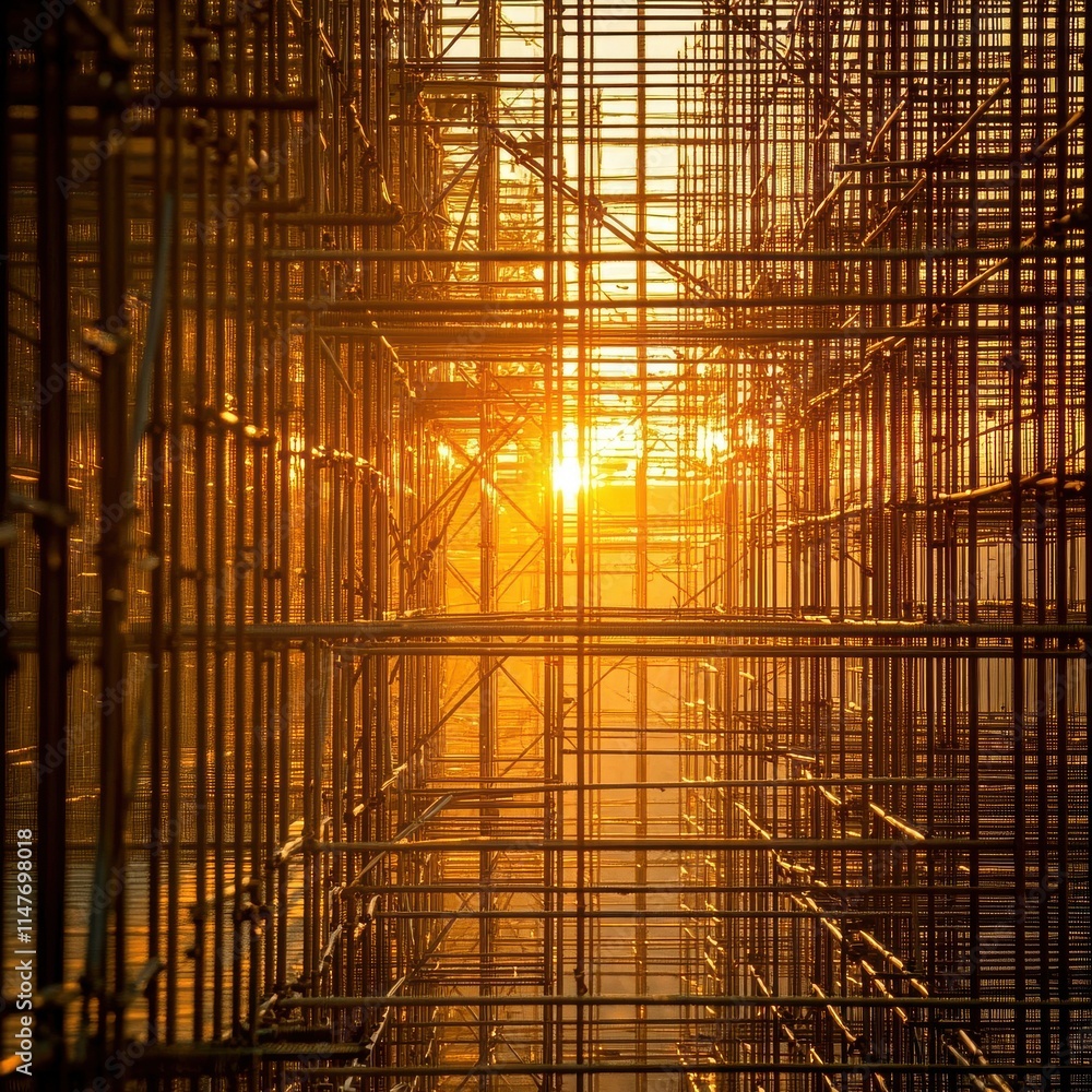 Poster golden sunlight filters through a maze of scaffolding, creating a warm, industrial glow and intricat