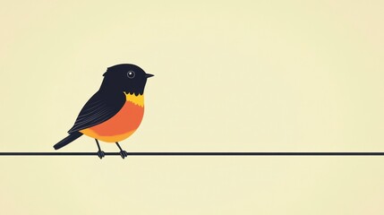 Fototapeta premium Happy Orange-Breasted Bird Perched on Wire Against Pale Yellow Background, Copy Space