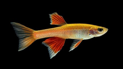 Fototapeta premium Golden Orange Fish With Striking Fins Against Black Background